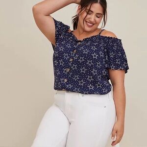 Torrid 1X Rayon Crepe Smocked Cold Shoulder Top